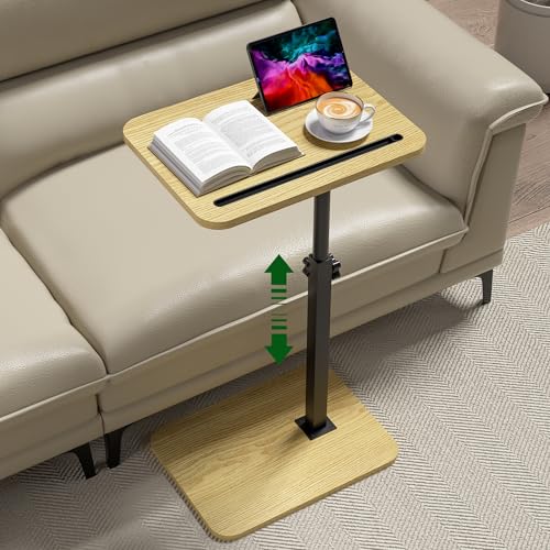 TV Tray Side Table for Sofa - 360° Swivel Adjustable Height Rotating Couch Table C Table End Table Laptop Desk with Phone & Tablet Slot, Perfect for Eating Working Reading, Fits Small Spaces - color: Natural