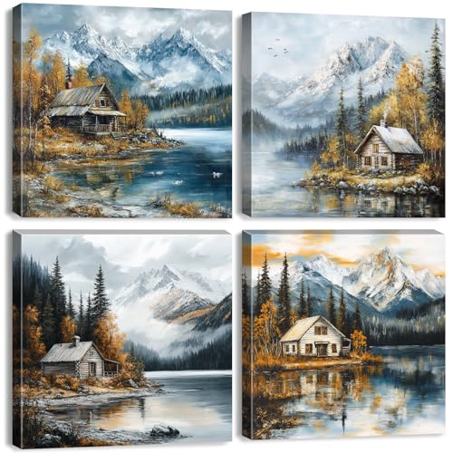 Fall Mountain Wall Art Nature Forest Pictures Lake Wall Decor Autumn Lakeside Cabin Canvas Posters Rustic Farmhouse Landscape Paintings Artwork for Bedroom Living Room Home Decoration 12x12" 4Pcs - color: Fall Mountain, size: 12 x 12 in