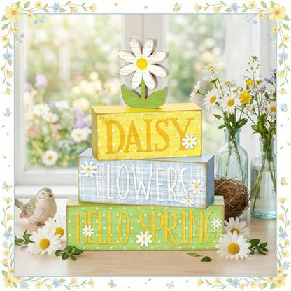 4Pcs Daisy Flower Hello Spring Wooden Stack Signs Rustic Farmhouse Tiered Tray Decor Yellow Blue Floral Wooden Table Decor for Spring Home Kitchen Office Gift - style: Hello Spring Daisies