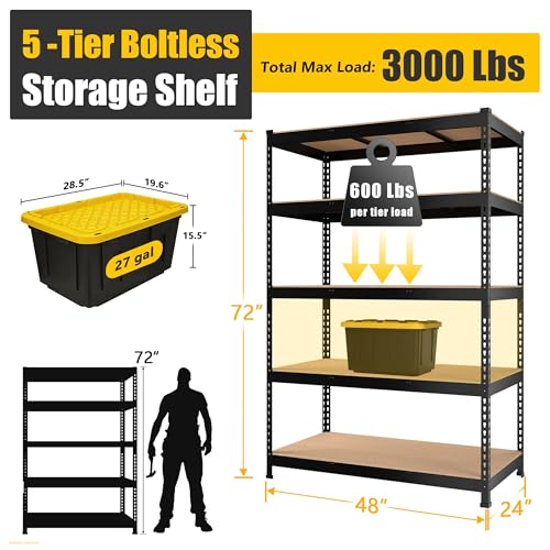 PrimeZone 48" x 24" x 72" Heavy Duty Storage Shelves - 5 Tier Adjustable Garage Storage Shelving, Metal Storage Utility Rack Shelf Unit for Warehouse Pantry Closet Kitchen, Black - size: 48"W x 24"D x 72"H