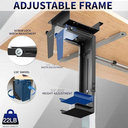 VIVO Adjustable Under Desk and Wall 3.5 to 7.8 inch Wide Office PC Mount, Computer Case CPU Machine Holder Stand with Swivel and Spacer Bracket, Holds 22 lbs, Black, MOUNT-PC01-SB