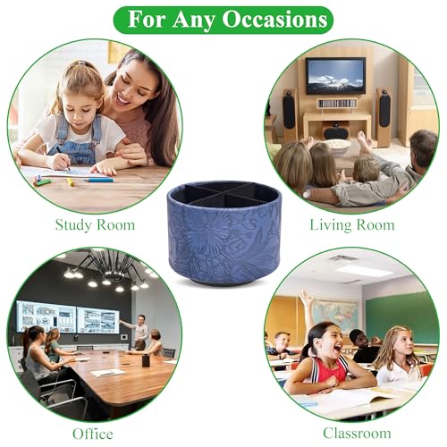 Round Leather Art Supply Organizer,Remote Control Holder,360 Degree Spinning,Multi-Functional Pencil Holder,4 Compartments Desktop Stationary Organizer(1-Carved Blue) - color: 1-Carved Blue