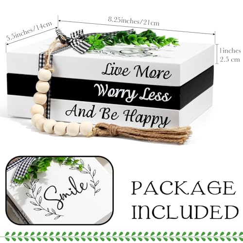 Capoda 3 Pcs Decorative Books for Home Decor Farmhouse Faux Stacked Books Wooden Rustic Table Decor with Bead Garland Twine Ribbon Faux Leaf for Table (Smile) - style: Smile