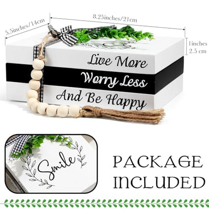 Capoda 3 Pcs Decorative Books for Home Decor Farmhouse Faux Stacked Books Wooden Rustic Table Decor with Bead Garland Twine Ribbon Faux Leaf for Table (Smile) - style: Smile