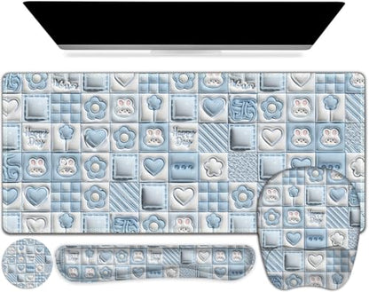 4 in 1 Large Mouse Pad, Keyboard Wrist Rest Set, Ergonomic Mouse Pad with Wrist Support, Desk Mat with Stitched Edges Extended Desk Pad Waterproof Desk Mat for Home Office Game I Cute Rabbit Baby Blue - color: Cute Rabbit Baby Blue