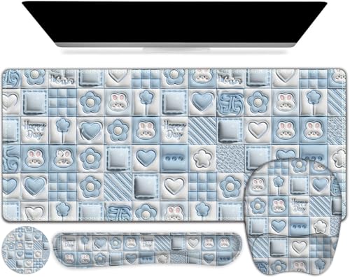 4 in 1 Large Mouse Pad, Keyboard Wrist Rest Set, Ergonomic Mouse Pad with Wrist Support, Desk Mat with Stitched Edges Extended Desk Pad Waterproof Desk Mat for Home Office Game I Cute Rabbit Baby Blue - color: Cute Rabbit Baby Blue