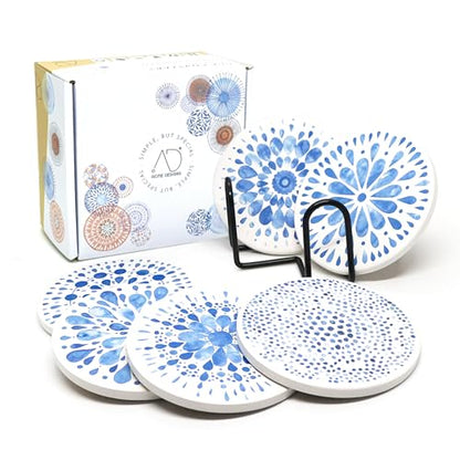 AD Set of 6 Coasters for Drinks Absorbing Round Ceramic Stone Coaster with Cork Base,Tabletop Protection Mat for Mugs and Cups,Office,Kitchen (Indigo Blue 2 with Holder) - style: Indigo Blue 2 with Holder