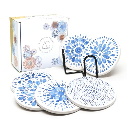 AD Set of 6 Coasters for Drinks Absorbing Round Ceramic Stone Coaster with Cork Base,Tabletop Protection Mat for Mugs and Cups,Office,Kitchen (Indigo Blue 2 with Holder) - style: Indigo Blue 2 with Holder