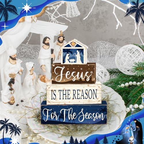 Britimes 4 Pcs Christmas Wooden Tiered Tray Decor Set, Nativity Scene Jesus Table Decor Rustic Farmhouse Holiday Wooden Coffee Table Centerpieces for Home Kitchen Office Decorations - style: Jesus Religious