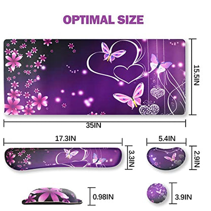 ARTSO Large Gaming Mouse Pad, Keyboard Wrist Rest Pad & Wrist Support Mousepad Set, Stitched Edge, Extended, Non-Slip Base, Memory Foam Desk Mat for Office, Home, Purple Heart Butterfly - color: Purple Heart Butterfly