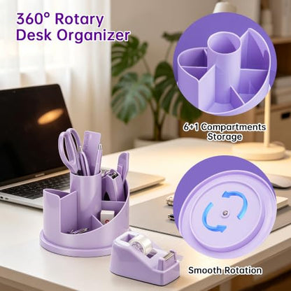 deli Office Supplies Set, Purple Desk Accessory Organizer Kit, Stapler Set, Rotating Multi-Functional Pen Holder, Tape Dispenser, Pens, Binder Clips, Sharpener, Scissor, Eraser, Purple Office Supplies - color: Purple