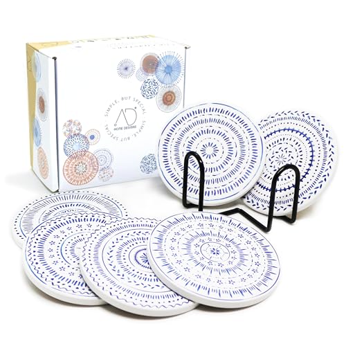 AD Set of 6 Coasters for Drinks Absorbing Round Ceramic Stone Coaster with Cork Base,Tabletop Protection Mat for Mugs and Cups,Office,Kitchen (Nordic Blue with Holder) - color: Nordic Blue With Holder
