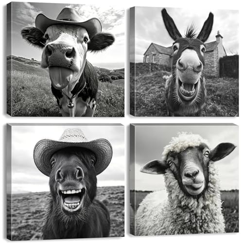 Cow Picture Wall Decor Farmhouse Black and White Animals Wall Art Western Sheep Donkey Horse Painting Artwork for Living Room Country Funny Farm Poultry Poster Cowboy Bedroom Home Decoration 12x12" 4P - color: BWanimal4P, size: 12x12in