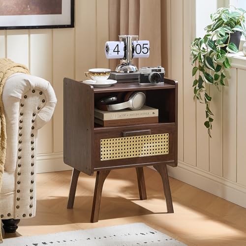 Lerliuo Rattan Nightstand, Bedside Table with Drawer Open Shelf, Cane Accent Side End Table with Solid Wood Legs, Walnut Vintage Night Stand for Bedroom, Dorm and Small Spaces - color: Walnut, size: 1 pack