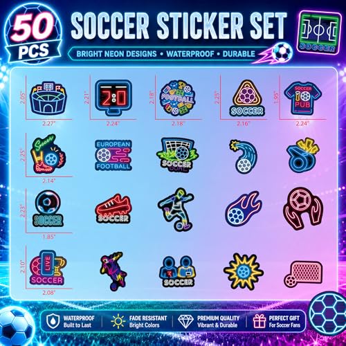 DETICKERS Neon Soccer Stickers for Soccer Fans Boys Water Bottles 50 PCS Waterproof Vinyl Sports Stickers Team Gifts - style: Neon Football