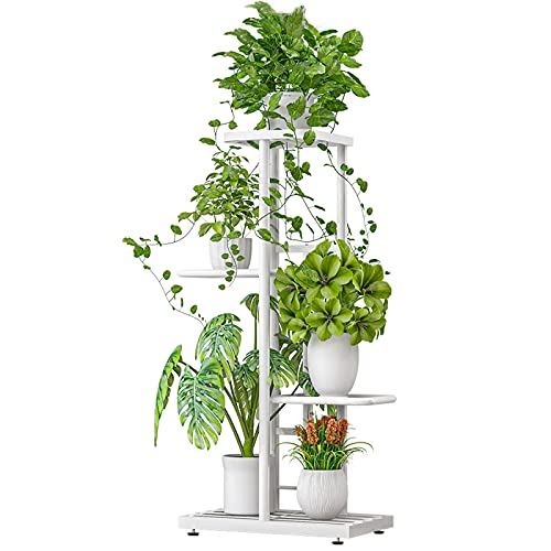 LINZINAR Plant Stand Indoor Outdoor Metal 4 Tier 5 Potted Multiple Flower Pot Holder Shelf Planter Display Shelving Unit for Patio Garden Corner Balcony Living Room (4 Tier 5 Potted, White) - color: White, size: 4 Tier-5 Potted