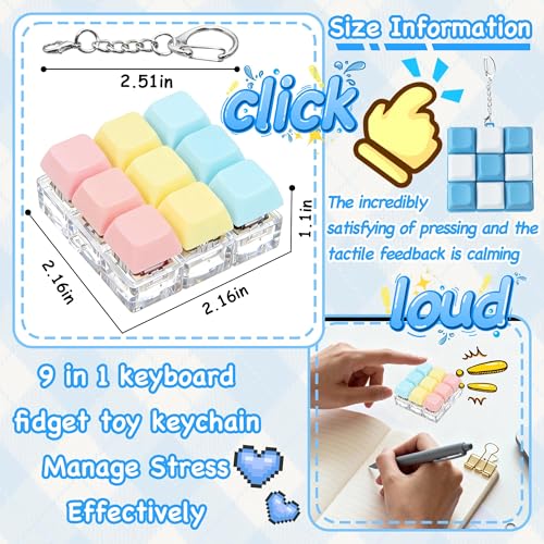 Keyboard Fidget Toy, Keyboard Keychain Fidget Toys, 9-in-1 Clicker Fidget Toy, Stress Relief Desk Decompression Button, Anxiety Relief Valentine's Day Gifts (3 Color-Pink Yellow Blue) - color: 3 Color-pink Yellow Blue