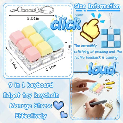 Keyboard Fidget Toy, Keyboard Keychain Fidget Toys, 9-in-1 Clicker Fidget Toy, Stress Relief Desk Decompression Button, Anxiety Relief Valentine's Day Gifts (3 Color-Pink Yellow Blue) - color: 3 Color-pink Yellow Blue