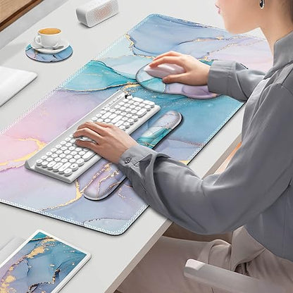 ToLuLu Desk Mat, XXL Large Mouse Pad Wrist Support Set，4 in1 Gaming Mousepad Desk Pad+ Ergonomic Mouse Pad with Wrist Rest + Keyboard Wrist Rest+Coaster for Home Office Computer, Blue Glitter Marble - color: Blue Glitter Marble