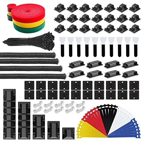 INCHOR Cable Management Kit 210 Pcs, 5 Cord Organizer for Desk, 28 Cable Clips, 100 Fastening Cable Ties, 4 Cable Sleeve Split, 10 Wire Organizers for Cords, 20 Zip Tie Mounts for Car Office Home