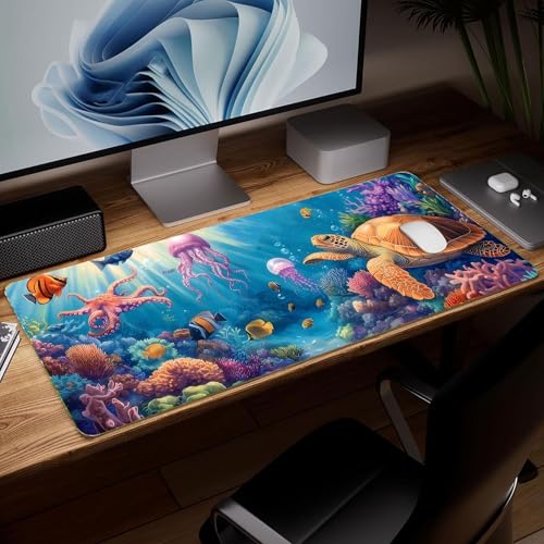 Leather Sea Turtle Desk Pad, Colorful Art Mouse Pad Large Computer Keyboard Gaming Mousepad Waterproof Desktop Protector & Cover, Decorative PU Leather Laptop Mouse Mat Home Decor 10 x 25.6 inch C84 - color: colorful-4