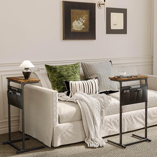 C Shaped End Table, Side Table for Sofa, Small TV Tray, Couch Table with Storage Bag for Small Space, Living Room, Bedroom, Home Office LET501R (Rustic Brown)