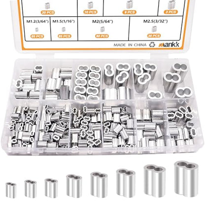 mankk 320 Pcs Aluminum Crimping Loop Sleeve 8 Sizes (3/64'' 1/16'' 5/64'' 3/32'' 1/8'' 5/32'' 3/16'' 1/4'') Wire Rope Sleeves Double Cable Ferrules Kit M-109-320 - size: 320PCS