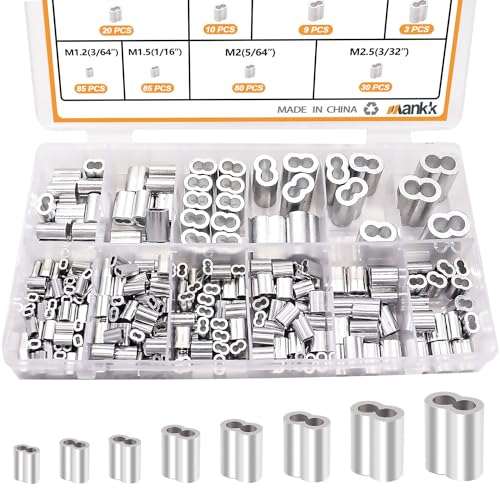 mankk 320 Pcs Aluminum Crimping Loop Sleeve 8 Sizes (3/64'' 1/16'' 5/64'' 3/32'' 1/8'' 5/32'' 3/16'' 1/4'') Wire Rope Sleeves Double Cable Ferrules Kit M-109-320 - size: 320PCS