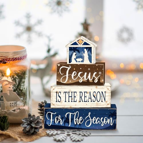 Britimes 4 Pcs Christmas Wooden Tiered Tray Decor Set, Nativity Scene Jesus Table Decor Rustic Farmhouse Holiday Wooden Coffee Table Centerpieces for Home Kitchen Office Decorations - style: Jesus Religious