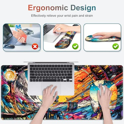 Large Anime Mouse Pad with Wrist Support 4 in1 Set, XXL Big Game Mousepad + Keyboard Wrist Rest+Mouse Wrist Rest Pad +Coaster Gaming Mat for Home Office Computer Boy Man I Strange Planet Space Scene - color: Strange Planet Space Scene