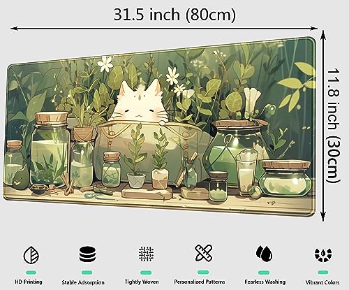Cute Kawaii White Cat Anime Green Plant Leaves Desk Mat Large Mouse Pad Gaming Desk Pad, XL Extended Mousepad Desk Accessories for Women Office Decor Long Laptop Keyboard Mouse Mat 31.5x11.8 in - color: Beige Green Cat, size: 31.5" x 11.8"