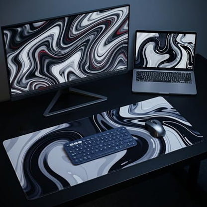 Large Black Grey Liquid Mouse Pad, Extended XL Gaming Desk Pad with Non-Slip Rubber Base, Stitched Edges, Waterproof Surface for Keyboard and Computer 35.4x15.7 inch