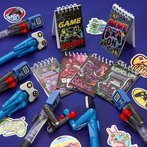 74pcs Video Game Party Favors for Kids Cool Fun Boxing Pens Mini Notebooks Stickers, Gamer Birthday Party Favors Funny Novelty Gifts Gaming Classroom Prizes Goodie Bag Stuffers for Teens Boys Girls