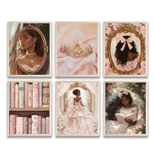 Eastern Print 6 Pieces African American Wall Art, Cute Black Princess Room Decor For Girls Bedroom, Black Girl Posters For Room Aesthetic, Black Women Poster For Room Aesthetic, Unframed 8x10 Inches - color: Black Girl