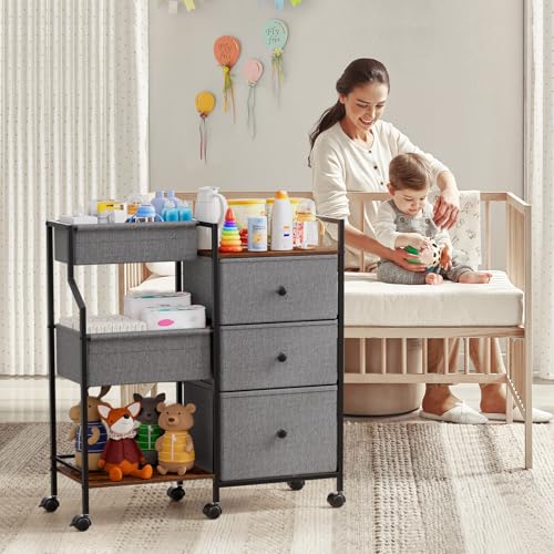 Modanais Baby Diaper Caddy Organizer Cart - 3 Tier Rolling Cart with Dividers and Drawers, Easy To Assemble, Mobile Utility Cart with Wheels for Nursery, Bedroom, Changing Table & Crib - color: Grey