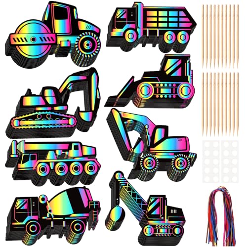 LUUFILx 80 Pcs Construction Scratch Cards Construction Birthday Decoration Colorful Rainbow Crafts Vehicle Scratch Paper Art with Wooden Stylus for Birthday Party Classroom DIY Activities - style: Vehicle