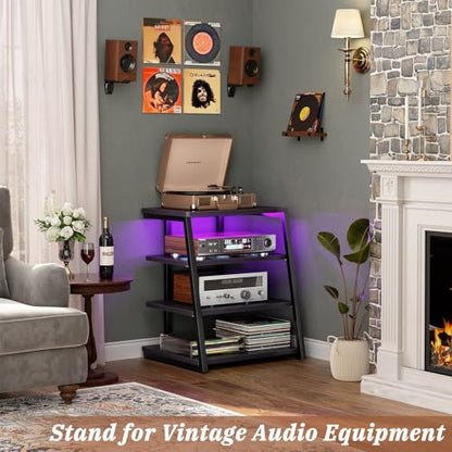 Armocity 4-Tier AV Media Stand with Power Strips, Stereo Stand with LED Lights, Rack Audio Tower with Adjustable Shelves, Small Entertainment Center, 30'', Black Ebony - color: Black Ebony, size: 30" (H)