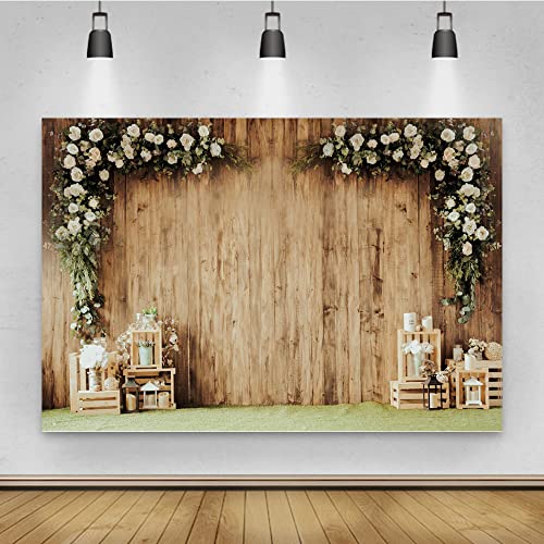 8x6ft Polyester Wedding Backdrop Rustic Floral Flower Wood Wall Backdrop Bridal Shower Reception Ceremony Valentine's Day Photography Background Proposal Party Birthday Party Photo Prop - size: 8x6ft-Polyester