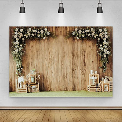8x6ft Polyester Wedding Backdrop Rustic Floral Flower Wood Wall Backdrop Bridal Shower Reception Ceremony Valentine's Day Photography Background Proposal Party Birthday Party Photo Prop - size: 8x6ft-Polyester