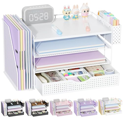 gianotter Wood Desk Organizers and Accessories with File Holder, 4-Tier Desk Accessories & Workspace Organizers with Drawer and Pen Holder, Desk Reference Organizer (White, 4T with Drawer) - color: White, size: 4T with Drawer