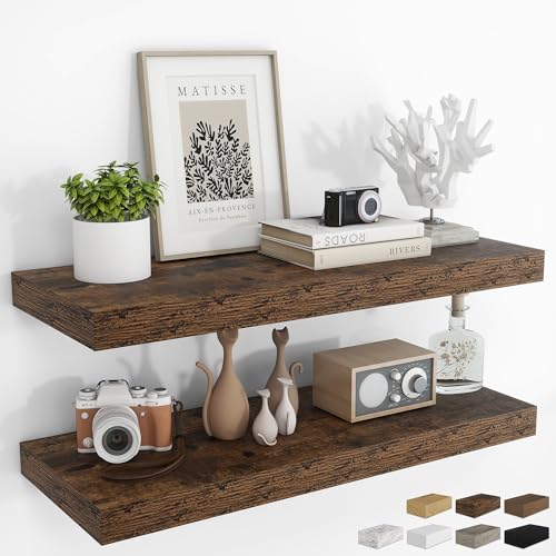 RICHFOCUS 36Inch Floating Shelves for Wall 2 Pack Shelves for Bedroom|Kitchen|Bathroom Wall Mounted Rustic Wood Floating Shelf with Invisible Brackets for Books|Storage|Decor, Rustic Brown - color: Rustic Brown, size: 36"L x 8"D, Set of 2