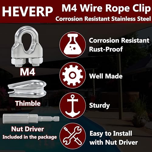 12PCS M4 5/32 Inches Stainless Steel Wire Rope Clips Cable Clamp,6PCS Thimbles - size: 12 M4 Clips,6 Thimbles,1 Nut Driver