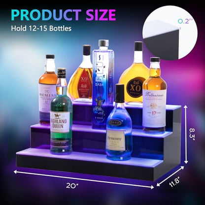 Led Lighted Liquor Bottle Display Shelf, 20 Inch 3 Tier Whiskey Rack, Support USB, Bar Stand with RF Remote & App Control, Illuminated Acrylic Lighting Shelves for 18 Bottles, Home Bar, Party - size: 20" 3 step