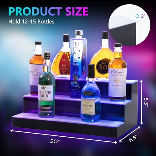 Led Lighted Liquor Bottle Display Shelf, 20 Inch 3 Tier Whiskey Rack, Support USB, Bar Stand with RF Remote & App Control, Illuminated Acrylic Lighting Shelves for 18 Bottles, Home Bar, Party - size: 20" 3 step