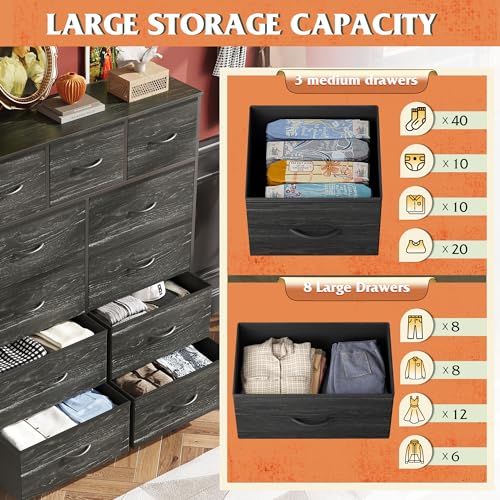 WLIVE Tall Dresser for Bedroom, Fabric Dressers Storage Tower, Dresser & Chest of Drawers with 11 Drawers, Storage Cabinet, Hallway, Closets, Steel Frame, Wood Top, Charcoal Black Wood Grain Print - color: Charcoal Black Wood Grain Print