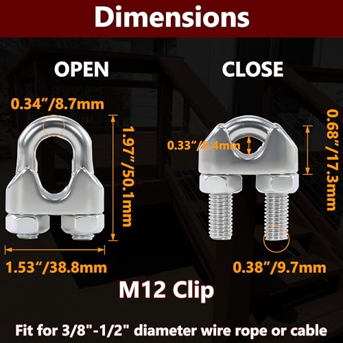 4PCS 1/2 Inches M12 Stainless Steel Wire Rope Cable Clip Clamp - size: M12 Clips-4PCS