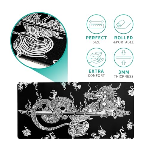 Dragon Gaming Mouse Pad Black Large Mouse Pad for Keyboard and Mousepad Desk Mat with 3mm Non-Slip Base and Stitched Edge for Gaming and Office Computer Mat Protector Mat 27.6x11.8 Inch - color: Dragon