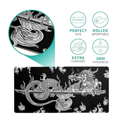 Dragon Gaming Mouse Pad Black Large Mouse Pad for Keyboard and Mousepad Desk Mat with 3mm Non-Slip Base and Stitched Edge for Gaming and Office Computer Mat Protector Mat 27.6x11.8 Inch - color: Dragon