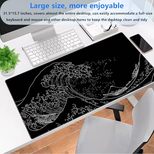 Great Wave Desk Mat, Black White Line Art Large Gaming Mouse Pad | Minimalist black and white wave desk pad with 3mm dense cushion, smooth cloth top, and non-slip rubber foundation. - color: Ukiyo-e of the Waves