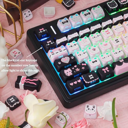 PBT Keycaps - Side Print Cat Keycaps, 113 Keys Shine Through Dye-Sub Cute Keycap, Mao Profile Custom Keycap for 60 65 75 100 Percent Cherry MX Mechanical Keyboard - color: Black Pink Meow